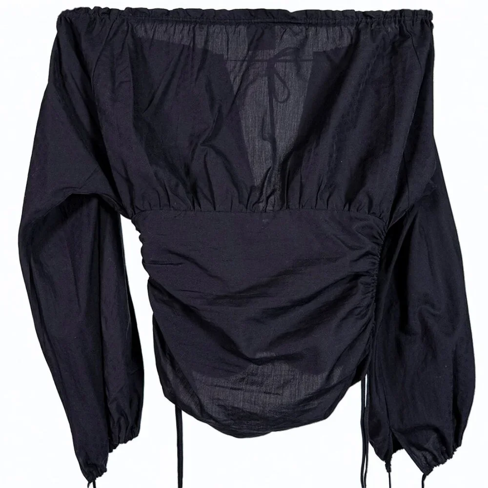 Just Cavalli Black Off Shoulder Ruched Blouse Size 4 | Designer Long Sleeve Top - Picture 2 of 5